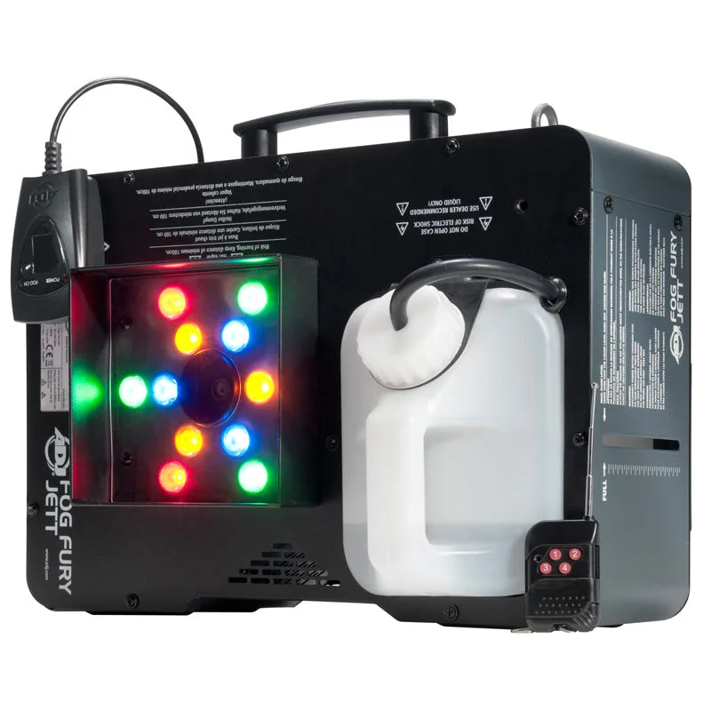 ADJ Fog Fury Jett vertical fog machine showing its LED face, tank and wireless remote