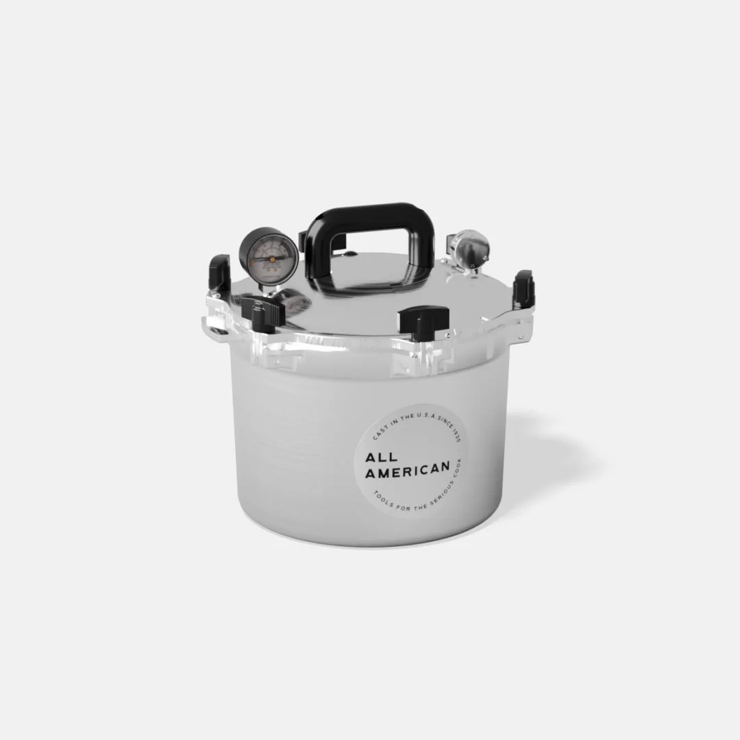 All American 910 compact cast-aluminum pressure canner with clamped metal-to-metal lid