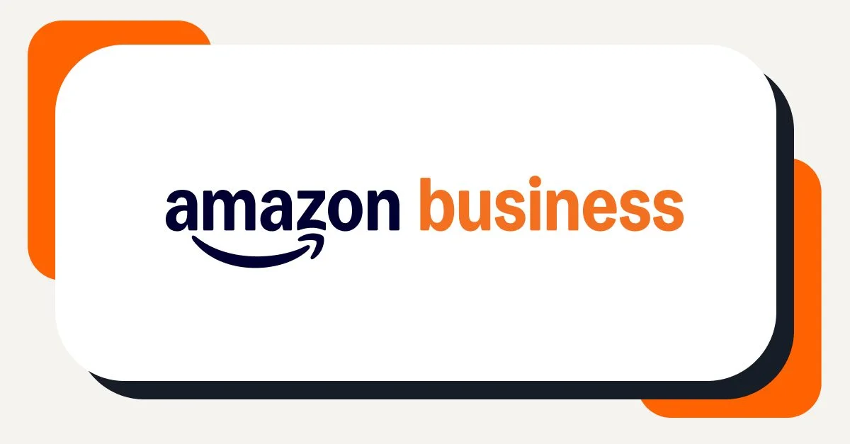 Amazon Business logo on an orange, white, and dark blue background