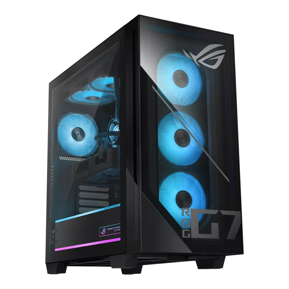 Black ASUS ROG GM700 tower with blue-lit fans and transparent side panel