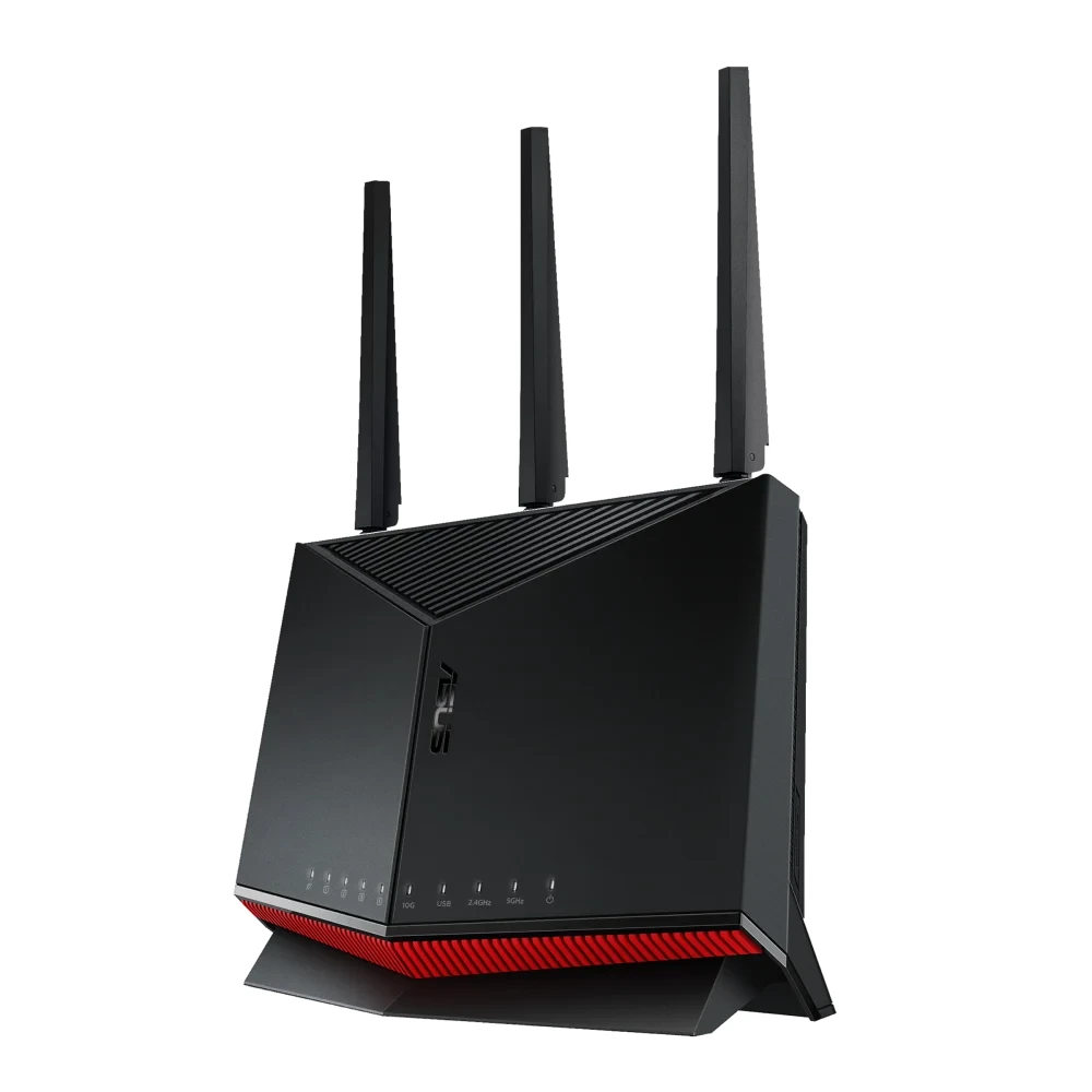ASUS RT-BE86U upright router with three external antennas and red lower grille