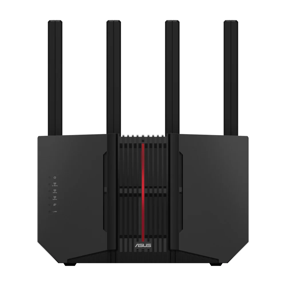 ASUS RT-BE92U black upright router with four external antennas