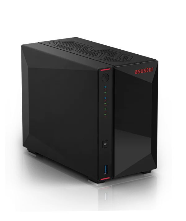 ASUSTOR AS5402T black two-bay NAS with red logo and front USB port