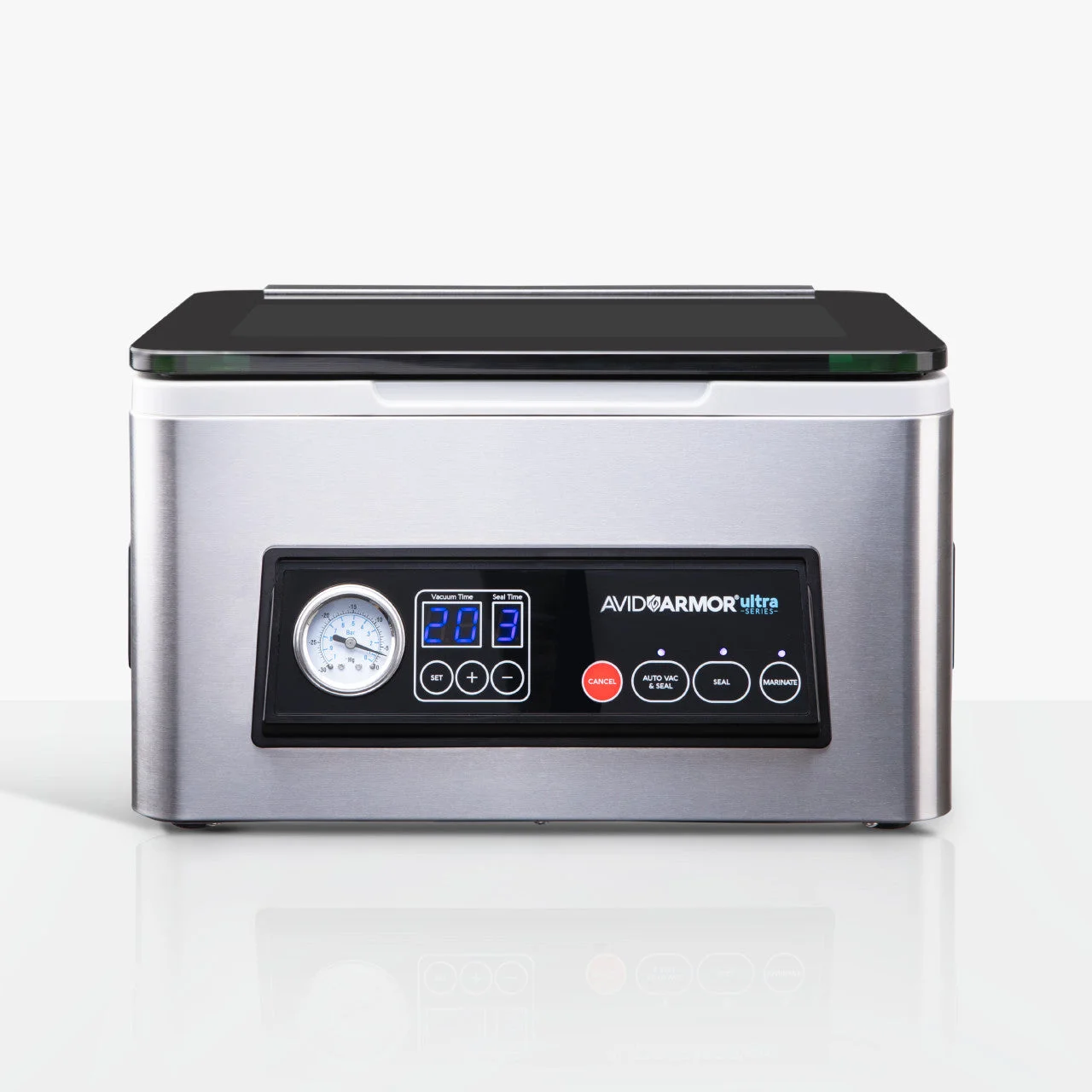 Avid Armor USV20 stainless chamber sealer with glass lid, pressure gauge, and digital vacuum and seal controls