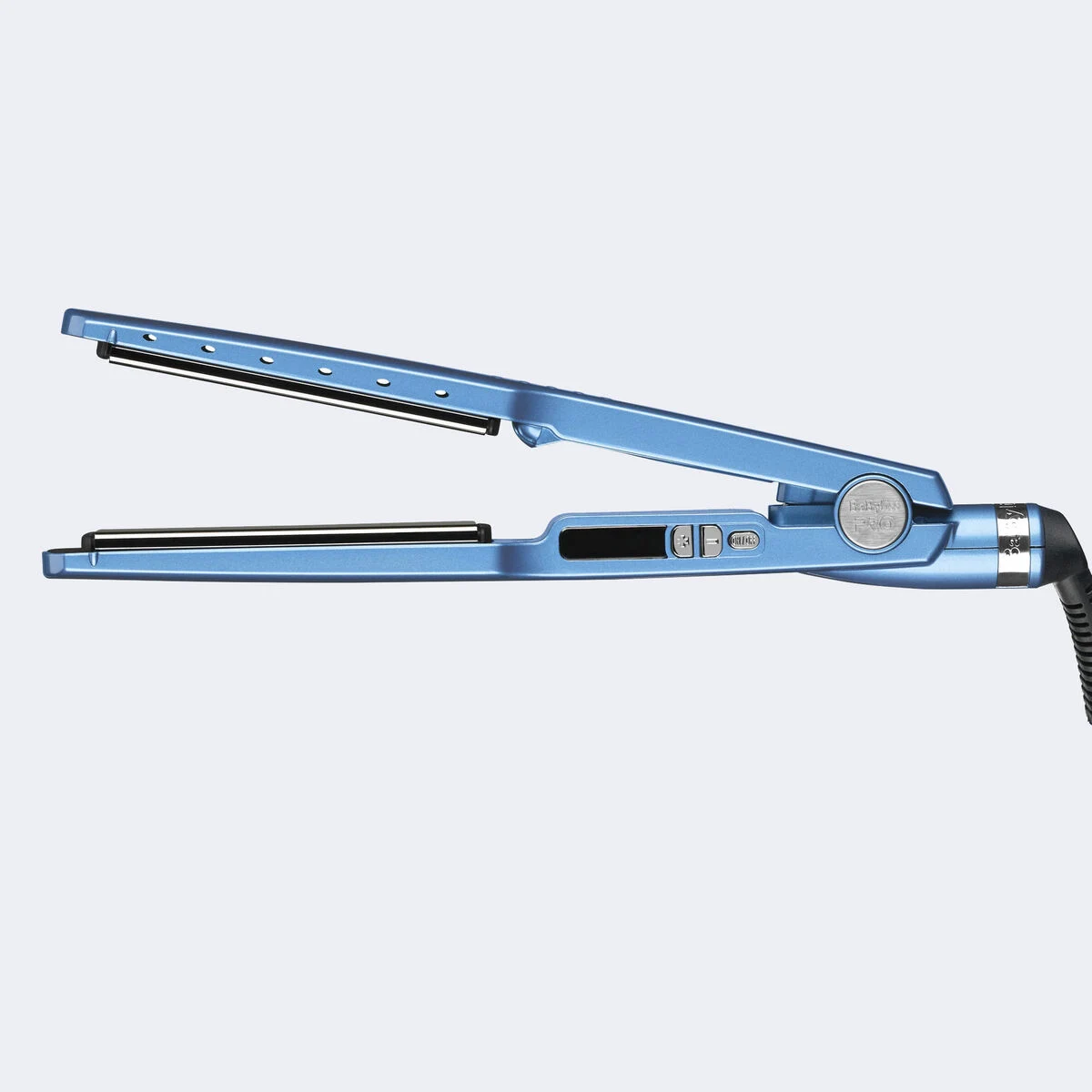 Blue BaBylissPRO BNT4094TUC flat iron open to show its wide plates and digital temperature controls