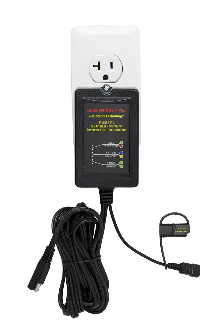 BatteryMINDer 1510 charger with its 12V label and indicator lights