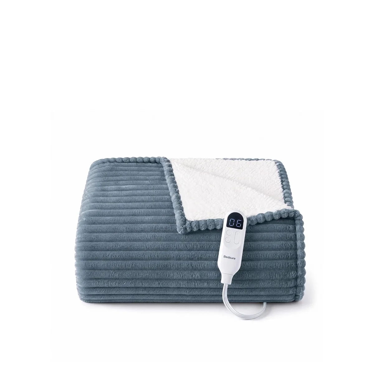 Grey Bedsure ribbed heated throw folded to show its white sherpa backing and wired controller