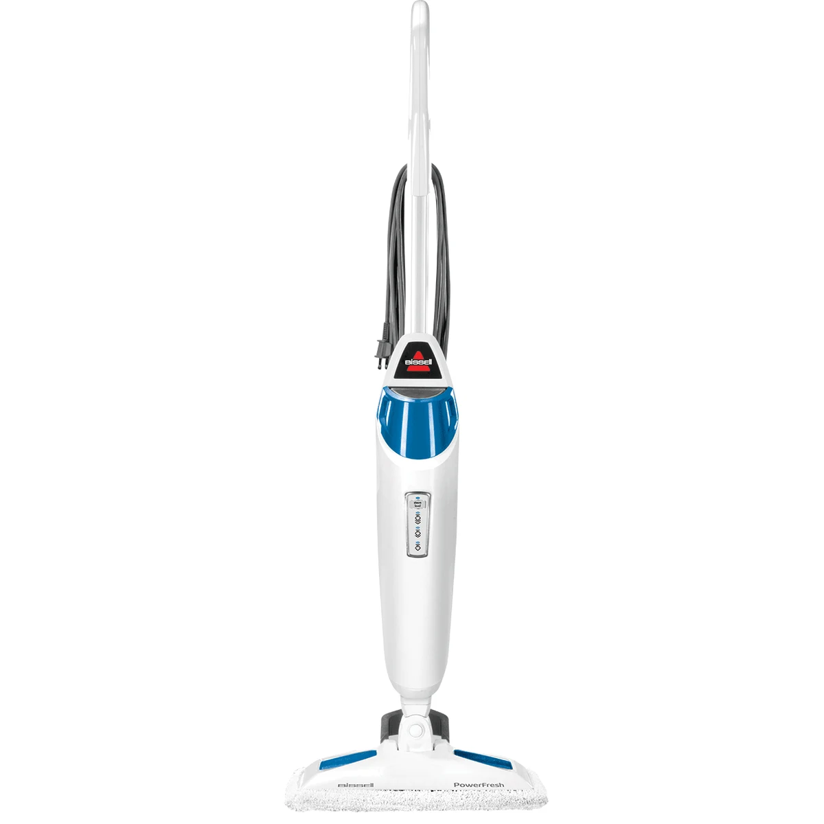 BISSELL PowerFresh 1940A white and blue upright steam mop with flat microfiber floor pad
