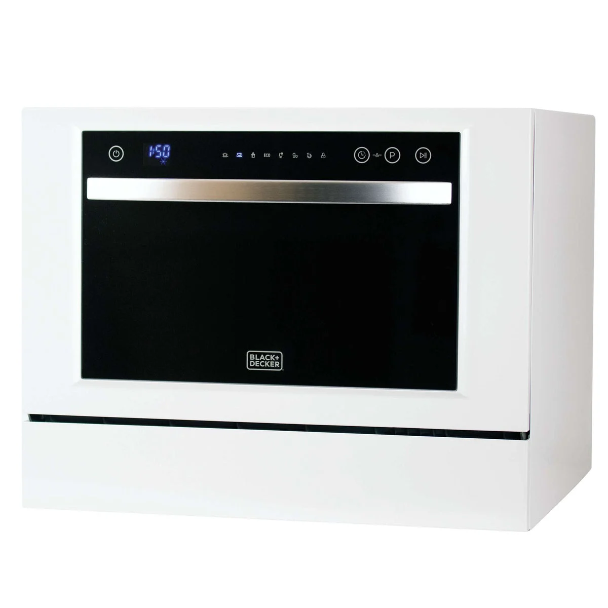 BLACK+DECKER BCD6W countertop dishwasher with black front and white housing