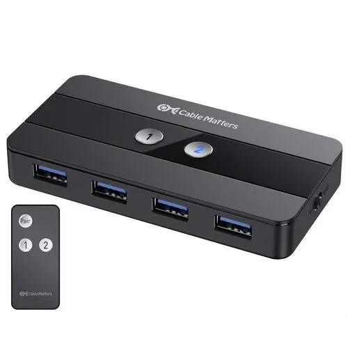 Cable Matters 201085 with four USB-A ports, two selection buttons and RF remote