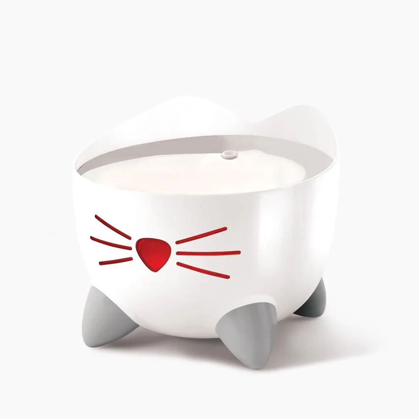 Catit PIXI fountain with stainless top over its white reservoir