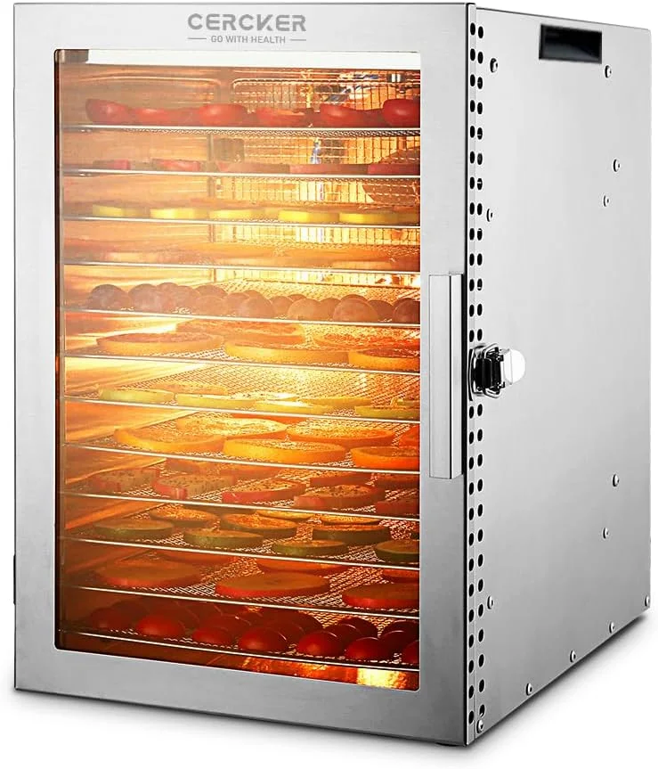 Cercker 12-tray stainless steel food dehydrator filled with sliced produce