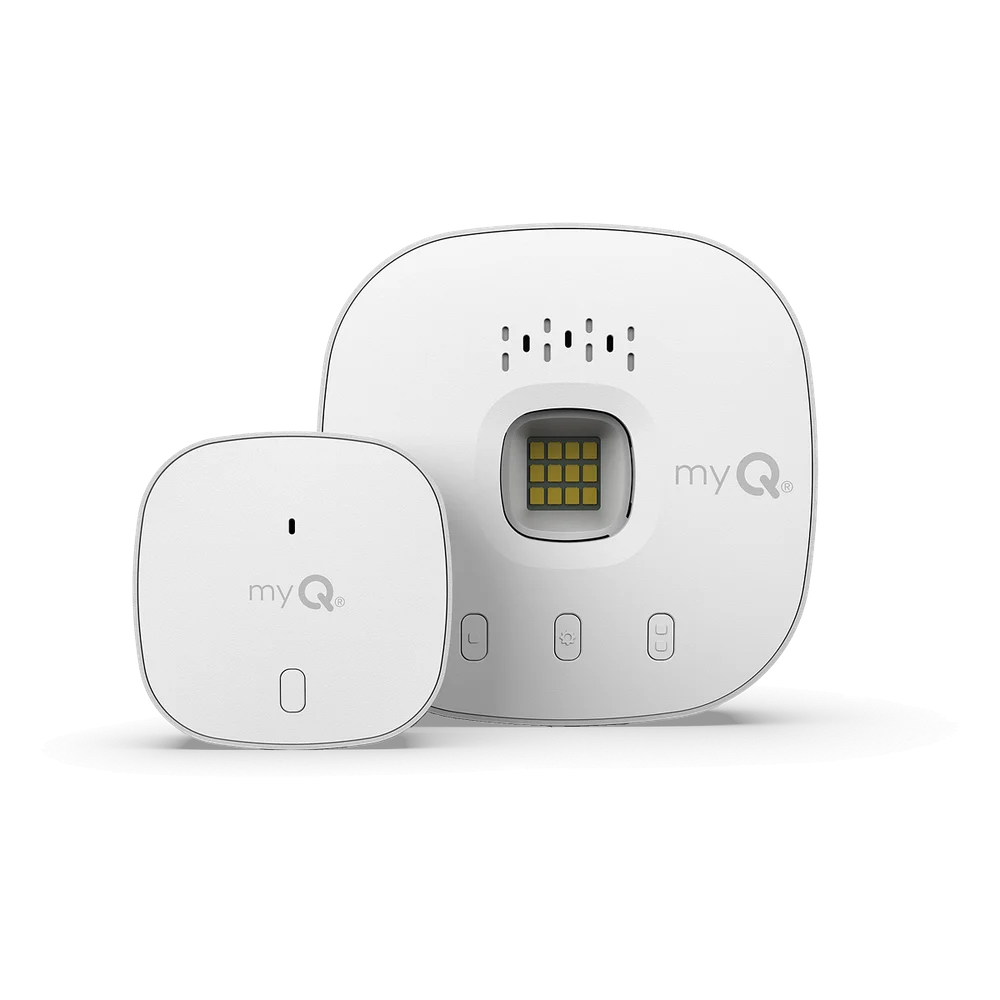 White Chamberlain myQ Smart Garage Control hub and door sensor