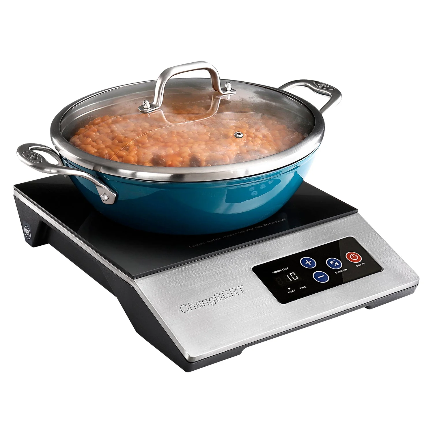 ChangBERT stainless induction cooktop with four physical controls, shown by the manufacturer beneath a blue cooking pot