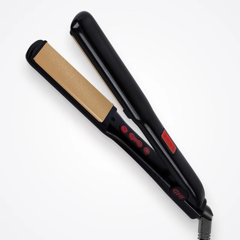 CHI G2 black flat iron with gold-colored titanium-infused ceramic plates and a red digital display