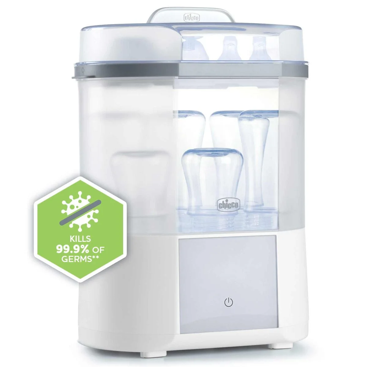 Chicco Advanced Sterilizer and Dryer showing full-height clear chamber and front controls