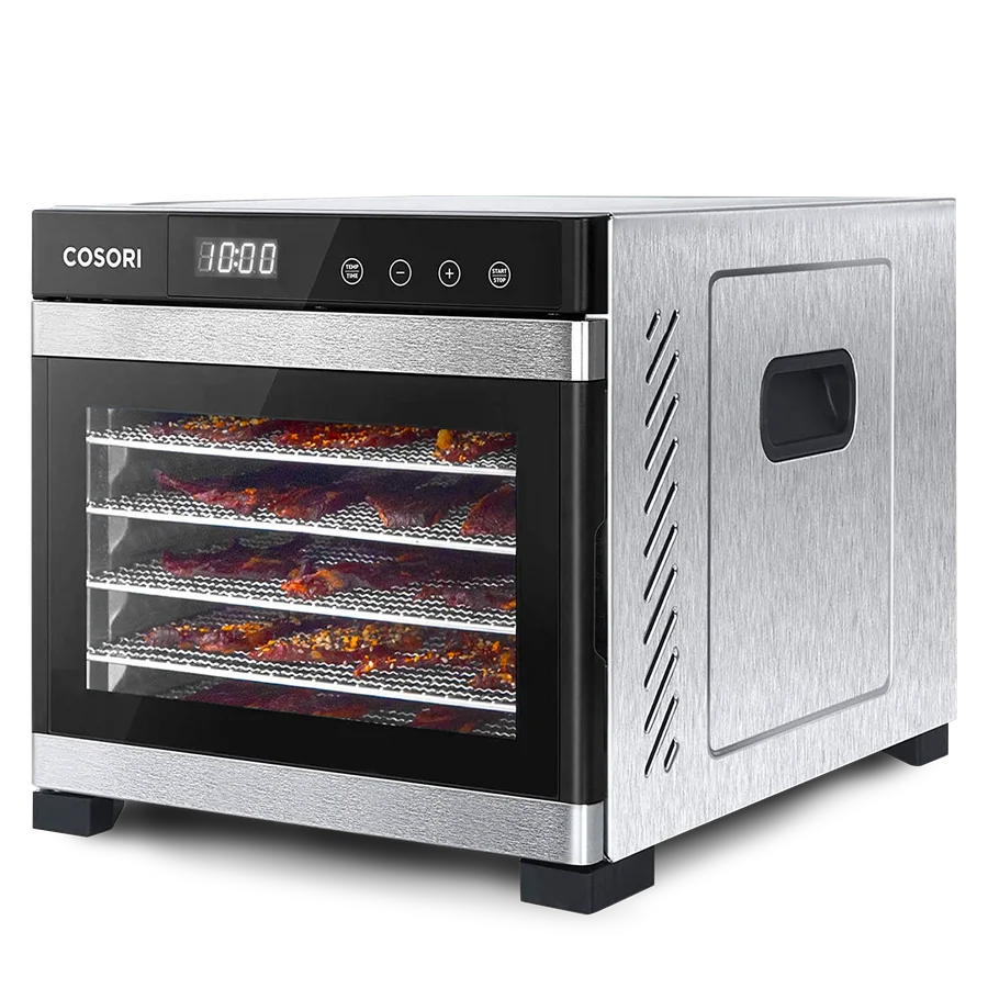 COSORI CP267-FD stainless steel food dehydrator with six loaded trays