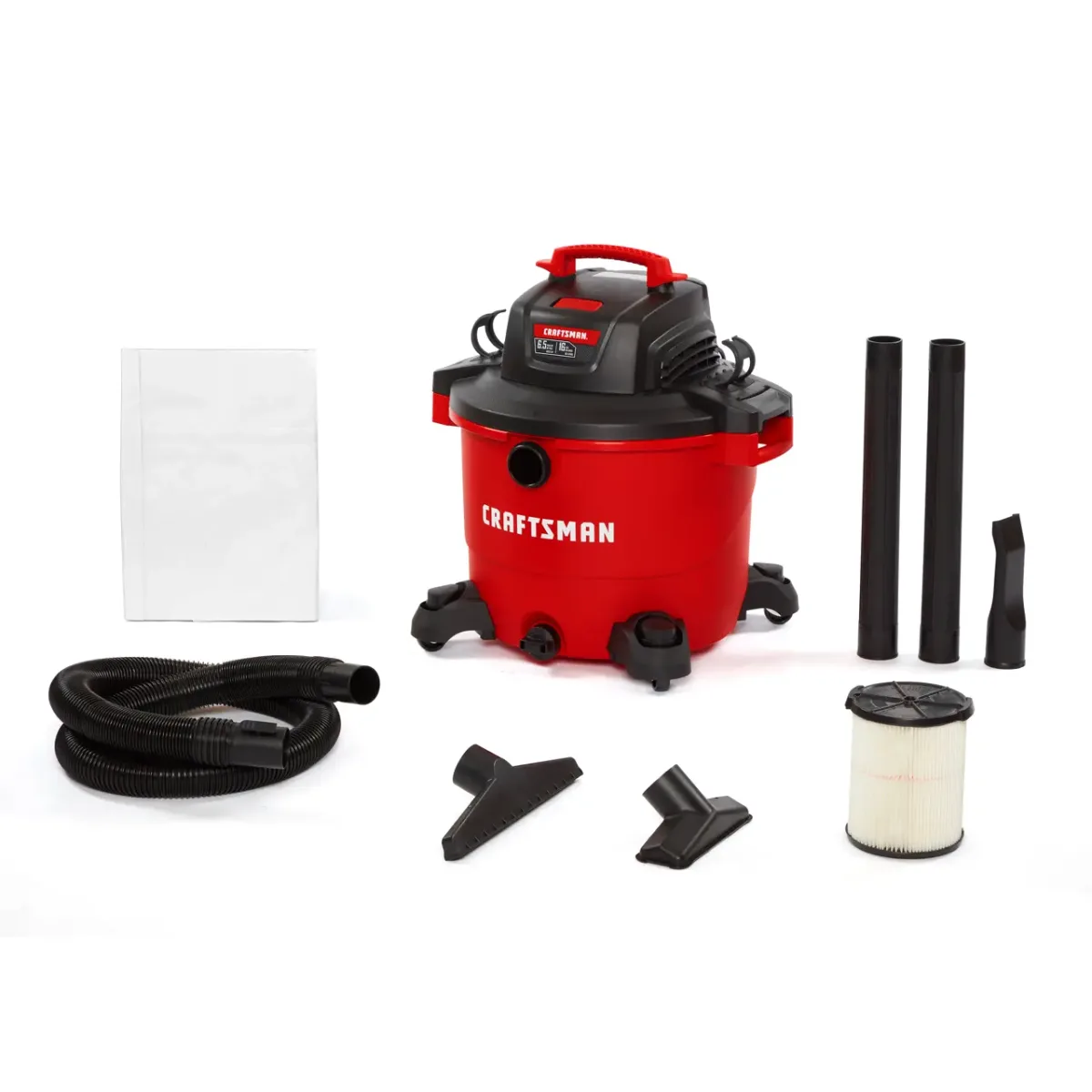 Craftsman CMXEVBE17595 16-gallon wet/dry vacuum with hose, filter, bag, and nozzles