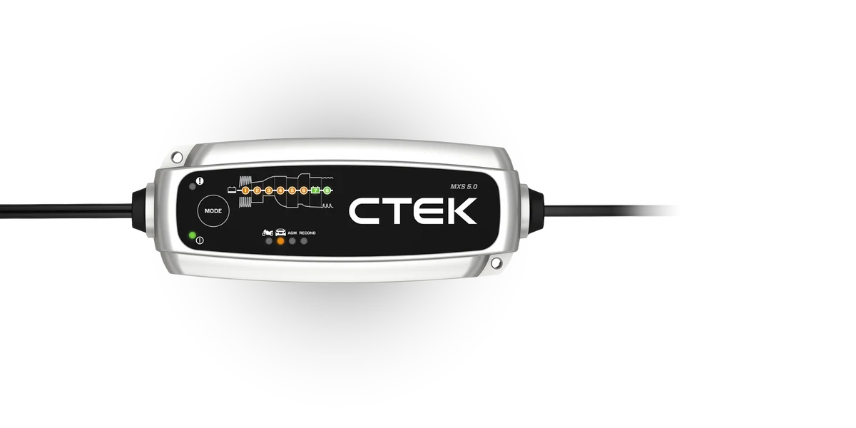 CTEK MXS 5.0 North American charger with its mode button and charge-stage indicators
