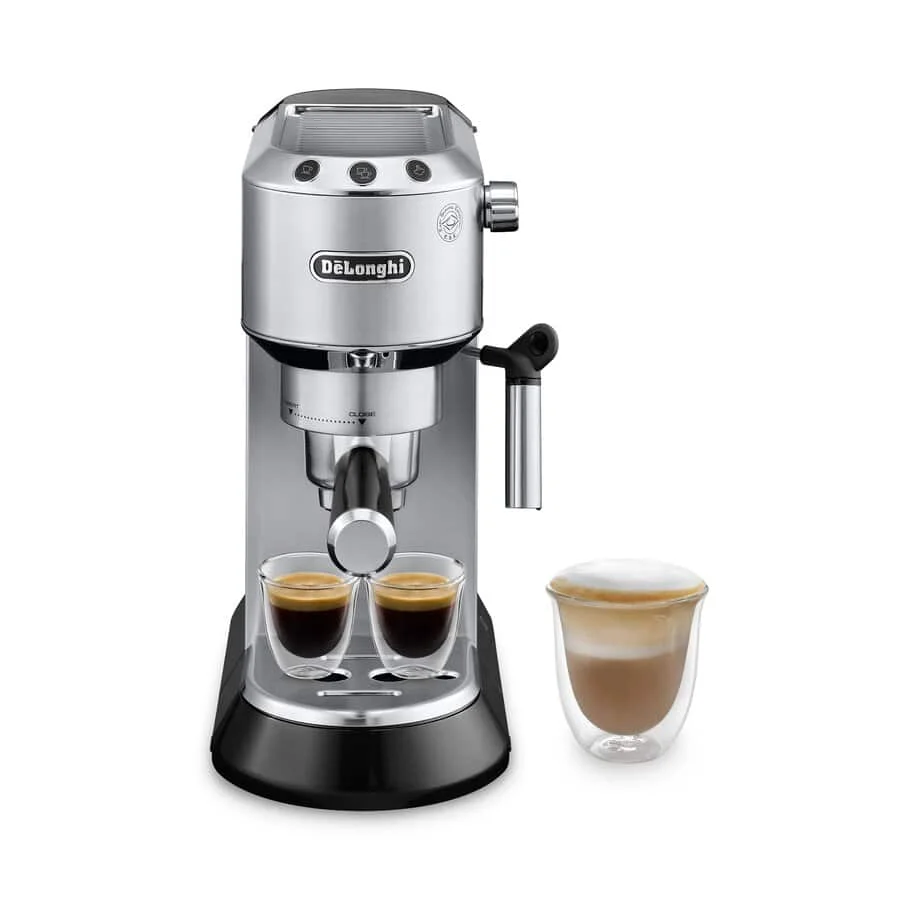 Metal De'Longhi Dedica EC680M espresso machine with narrow body and side steam spout