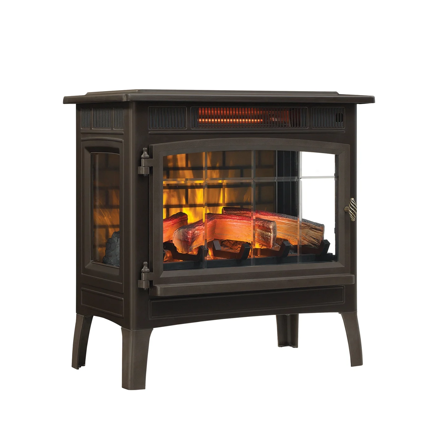 Bronze Duraflame DFI-5010 stove viewed at an angle, showing front and side flame windows