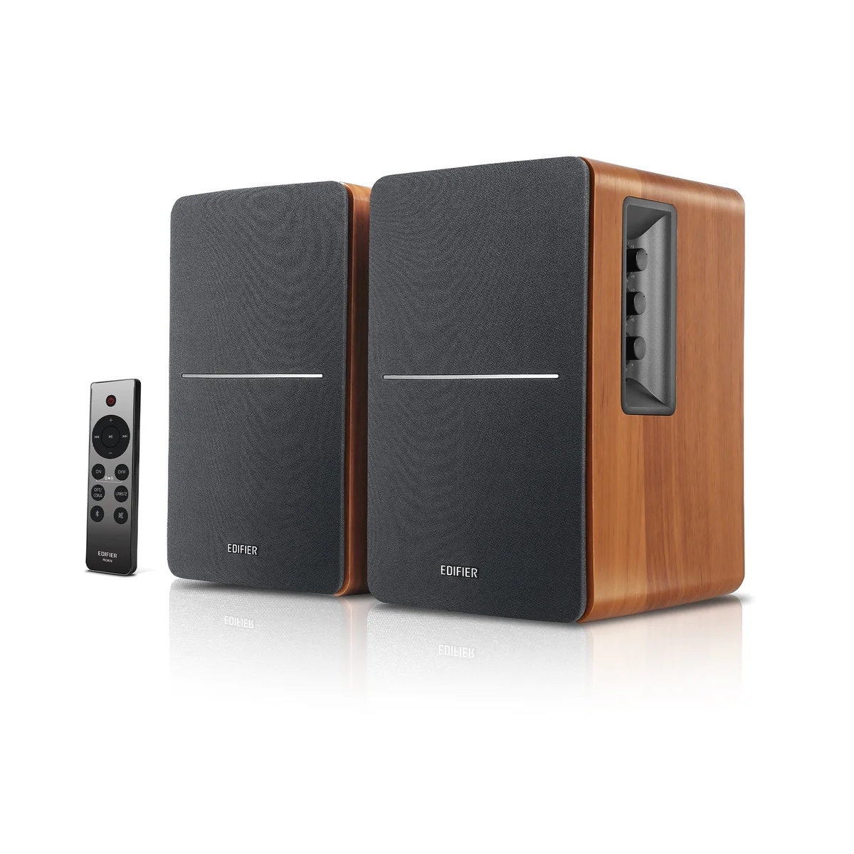 Edifier R1280DBs wood-grain powered speaker pair with dark front grilles