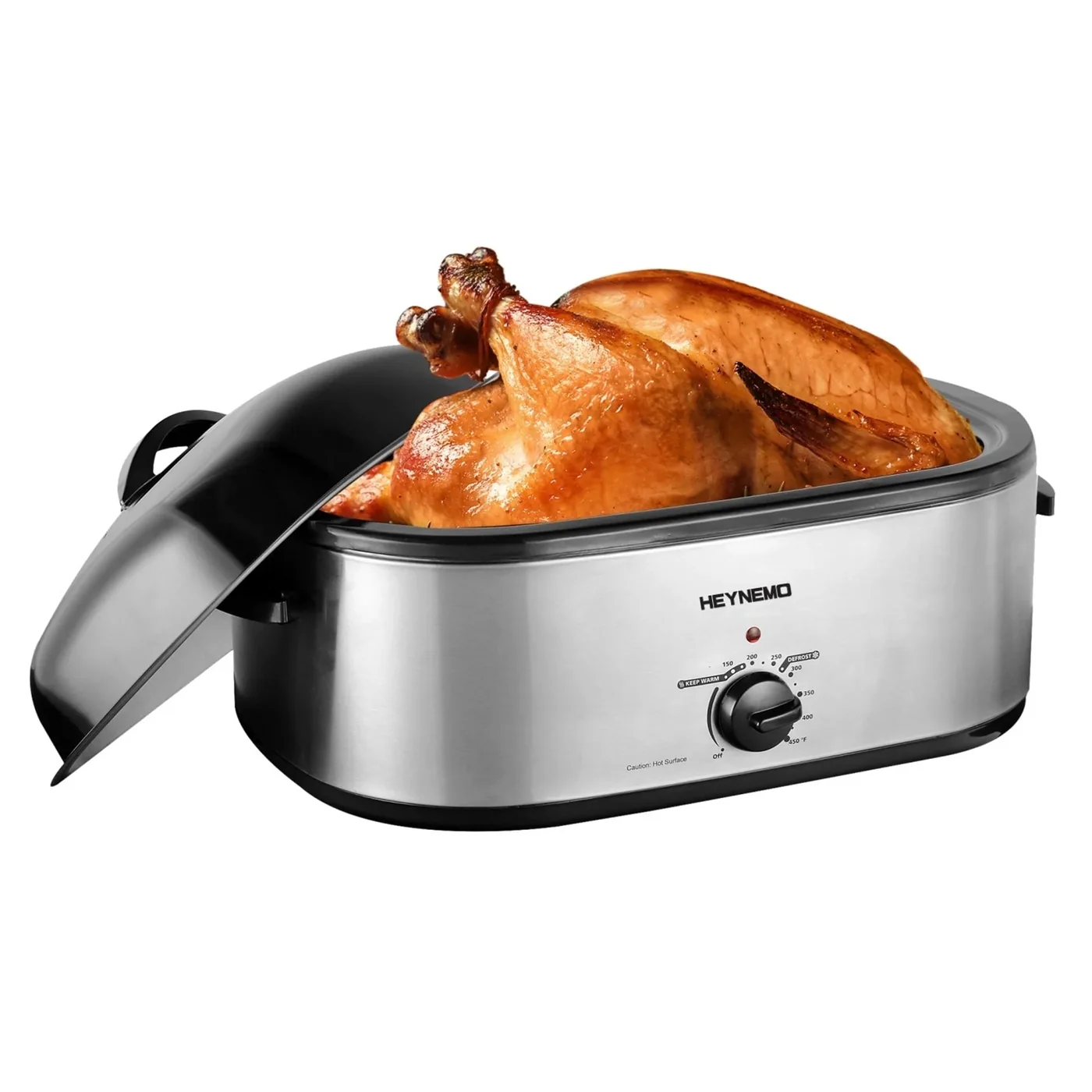 HEYNEMO 18-quart electric roaster oven with its lid beside a roasted turkey