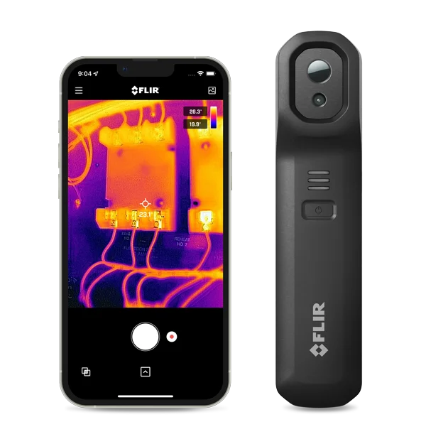 FLIR Edge Pro wireless thermal camera beside a phone displaying a thermal image
