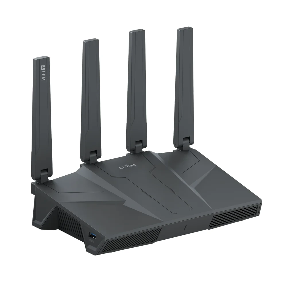 GL.iNet Flint 3 black router with four upright antennas
