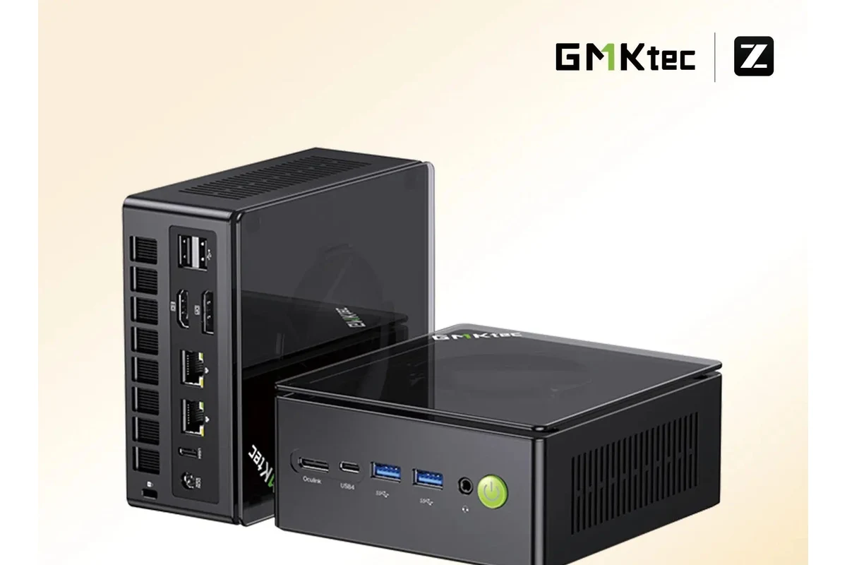 GMKtec K8 Plus mini PC shown from the front and rear