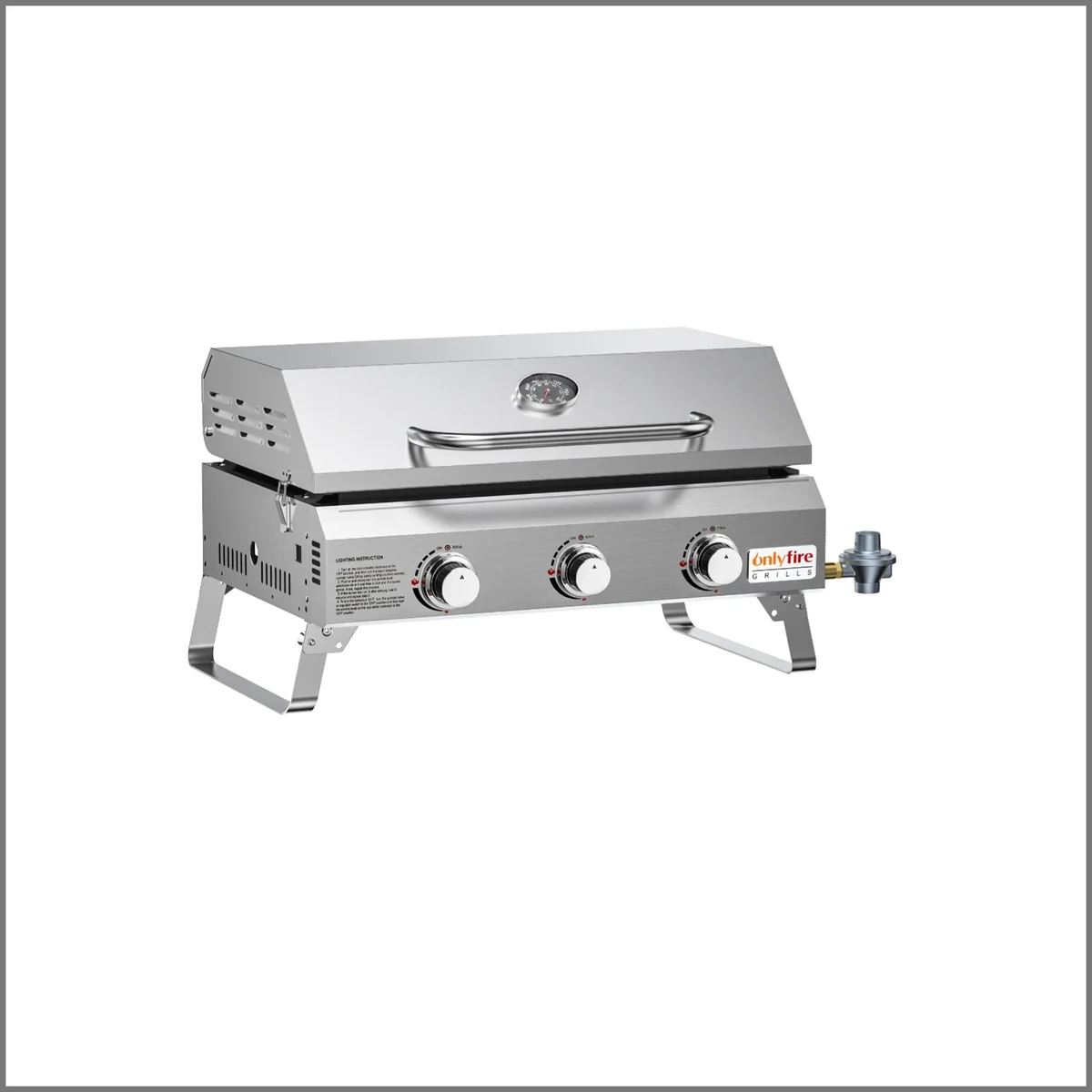 ONLYFIRE GS309 stainless steel three-burner tabletop gas griddle with lid
