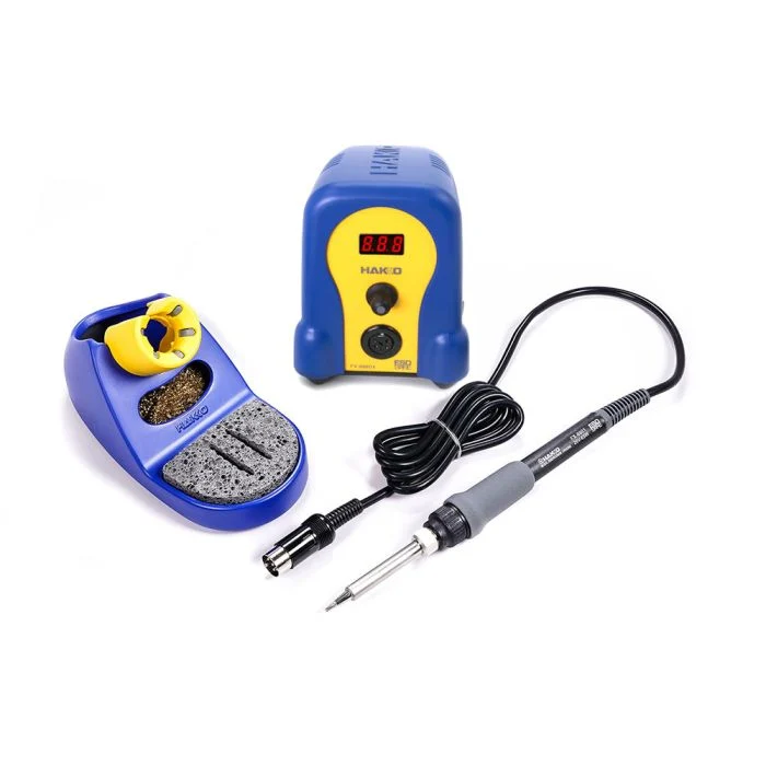 Blue and yellow Hakko FX-888DX with rotary control, FX-8801 iron and separate holder
