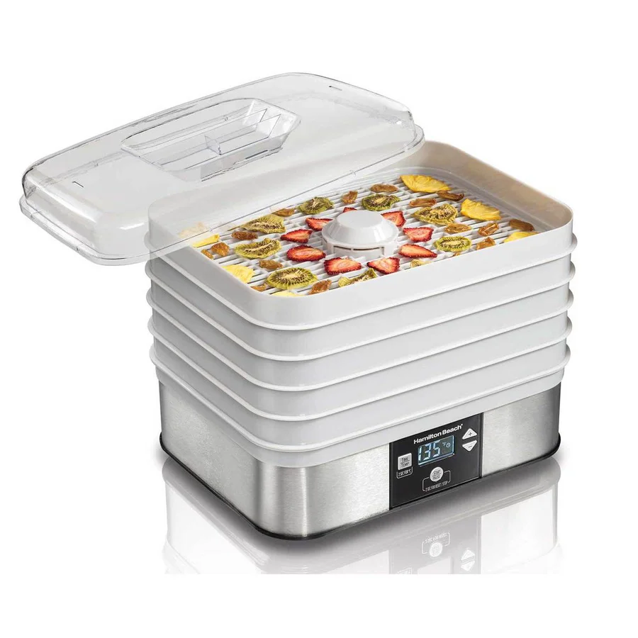 Hamilton Beach 32100 food dehydrator with five stackable trays and clear lid