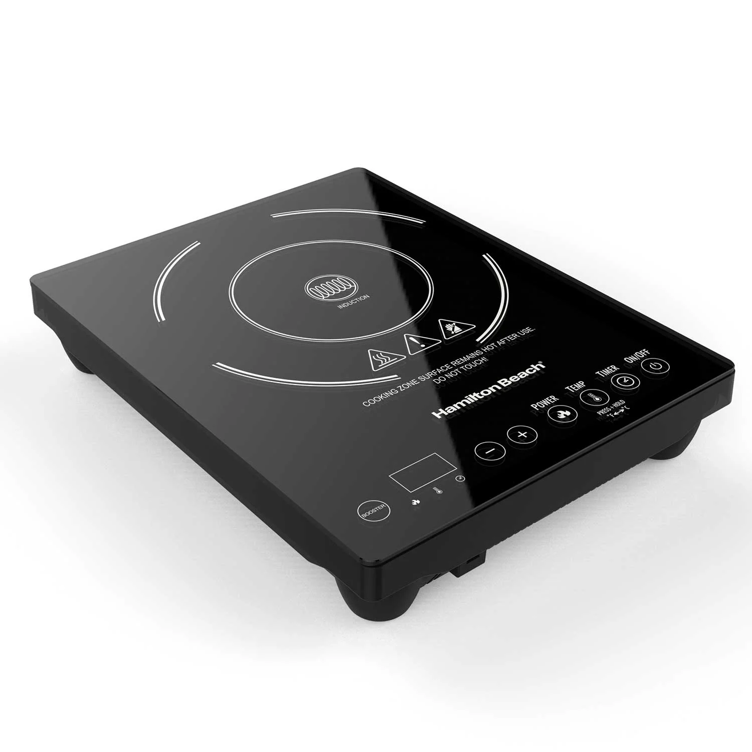 Hamilton Beach 34104 induction cooktop with separate power, temperature, timer and booster buttons