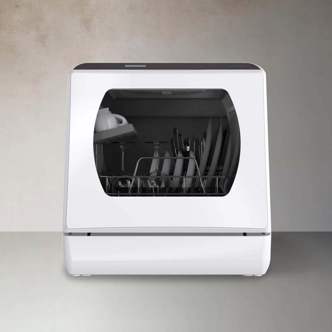 Hermitlux HMX-DW03 countertop dishwasher with transparent door and top controls