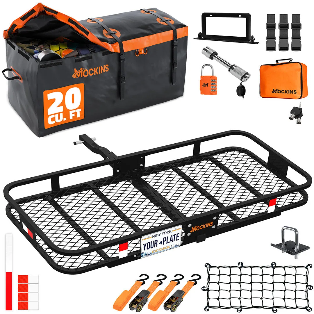 Mockins black 60 x 20-inch hitch basket with orange and black 20-cubic-foot cargo bag and securing accessories