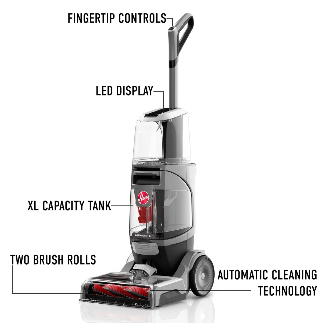 Hoover FH62000 SmartWash Pet XL with manufacturer labels identifying controls, tank and brush rolls