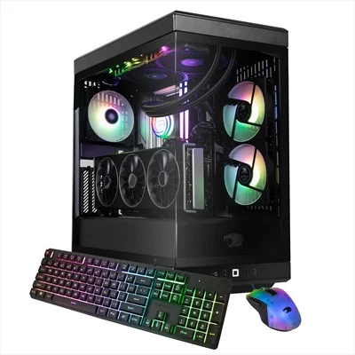 Black iBUYPOWER HYTE Y40 Pro desktop with glass panels, keyboard and mouse