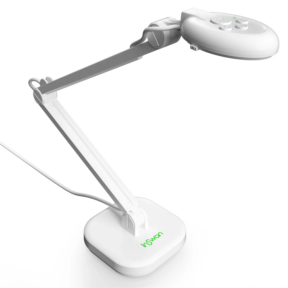 White INSWAN INS-2 document camera with its articulated arm extended over a desk