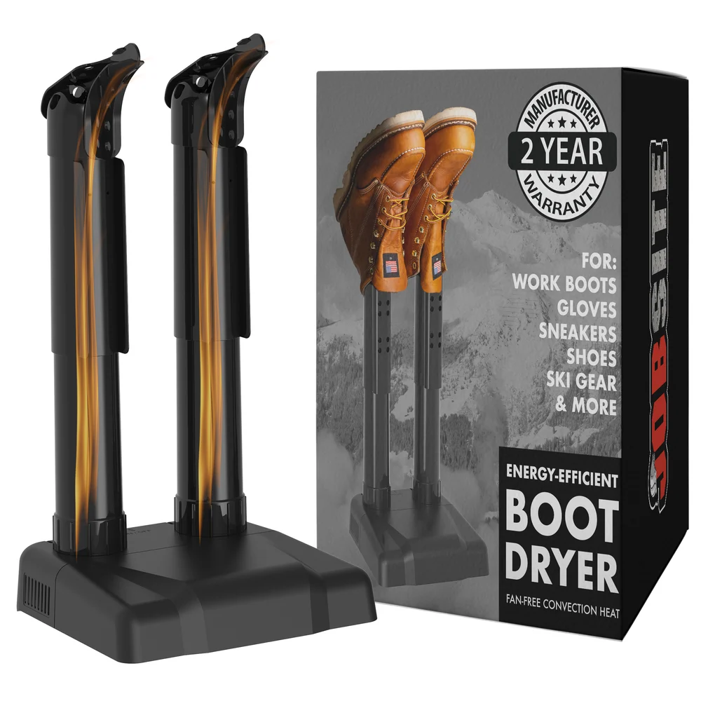 JobSite Silent two-port boot dryer beside its retail box