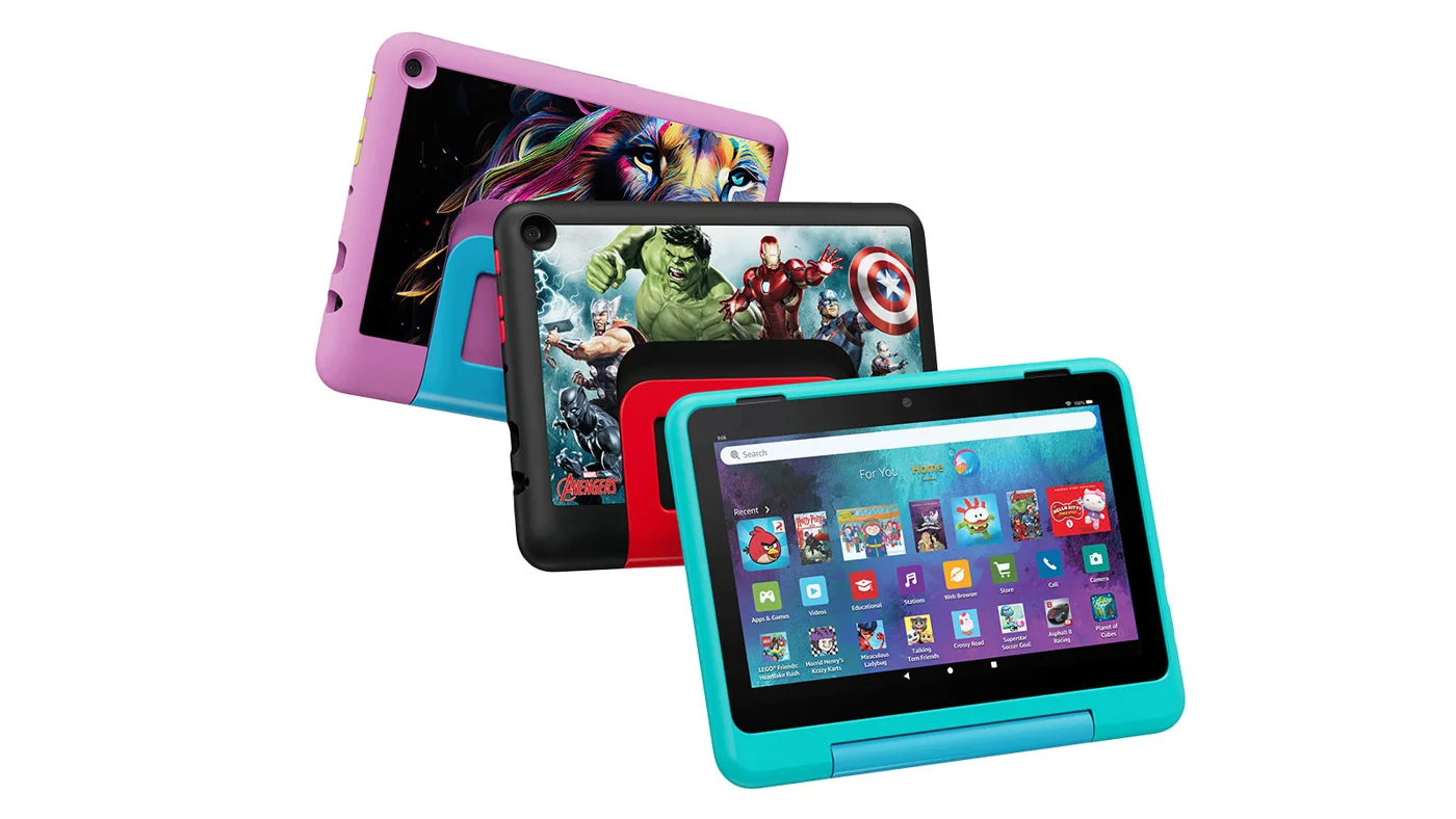 Fire HD 8 Kids Pro lineup with the Hello Teal case in front