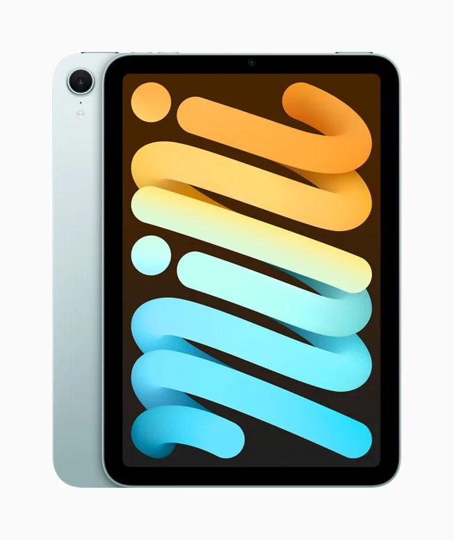 Blue Apple iPad mini A17 Pro shown from the front and back