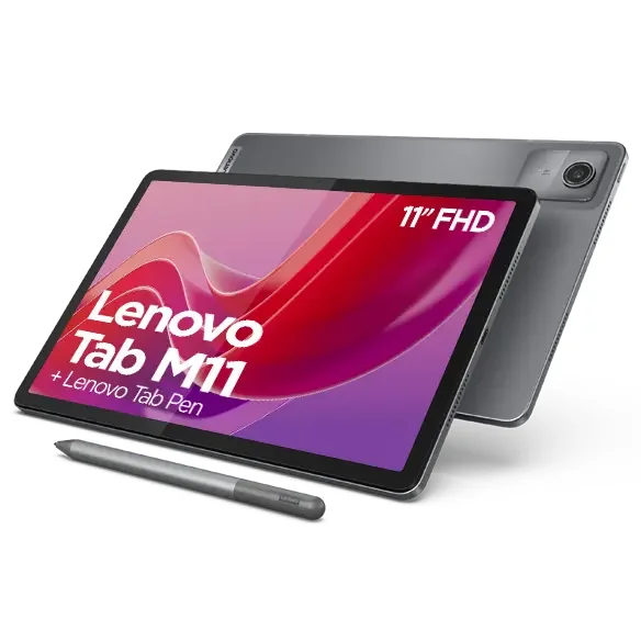 Luna Grey Lenovo Tab M11 shown from the front and back
