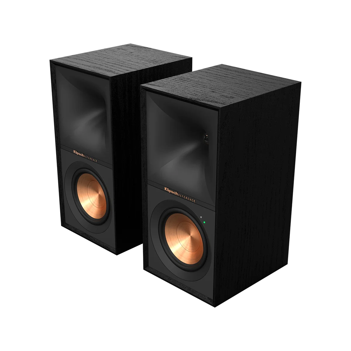 Klipsch R-50PM black speaker pair with copper-colored woofers