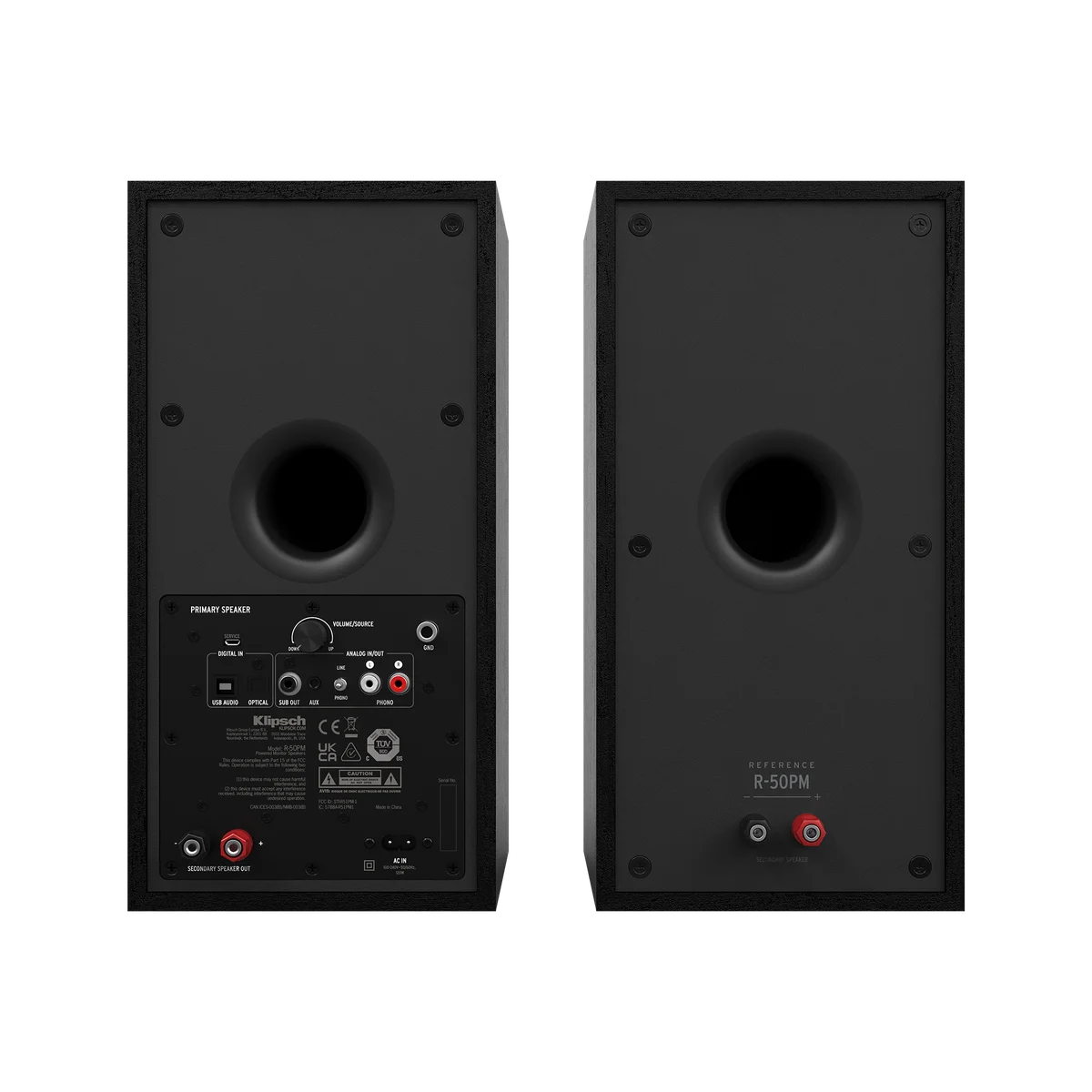 Rear of the Klipsch R-50PM pair showing USB, optical, analog connections and speaker-wire terminals