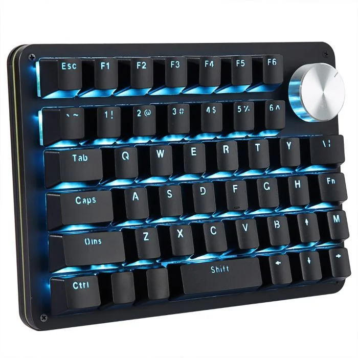 Black Koolertron 45-key keypad with blue backlighting, labeled grid and silver rotary knob