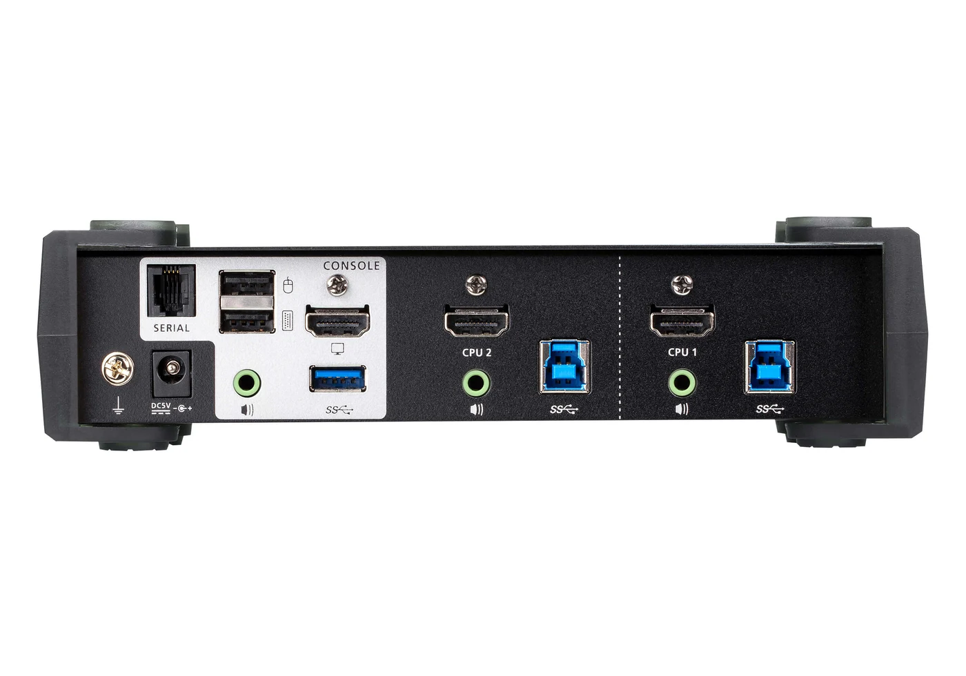 Rear of ATEN CS1822 showing one console HDMI output and separate HDMI plus USB-B connections for CPU 1 and CPU 2