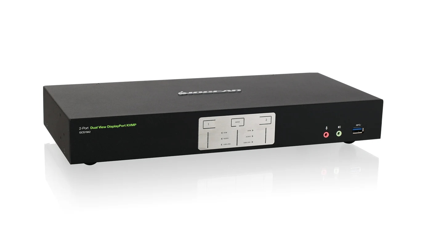 IOGEAR GCS1942NC dual-DisplayPort KVM with front channel controls and a USB peripheral port