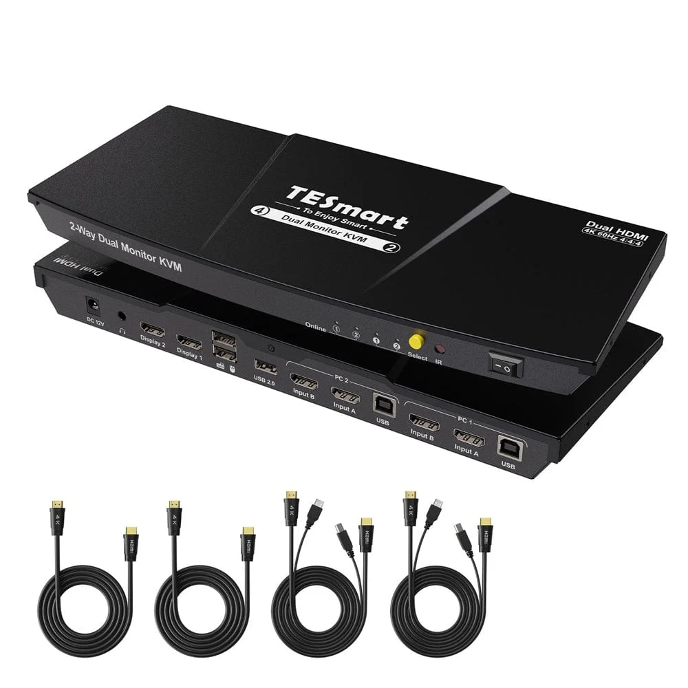 Black TESmart HKS202-E23 dual-HDMI KVM with front and rear port views and computer connection cables