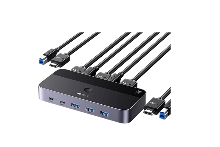 UGREEN 15707 single-monitor KVM showing three USB-A peripheral ports and one USB-C peripheral port